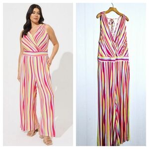 Torrid Plus Size 3X Striped Surplice Wide Leg Jumpsuit V-Neck Tie Back Summer